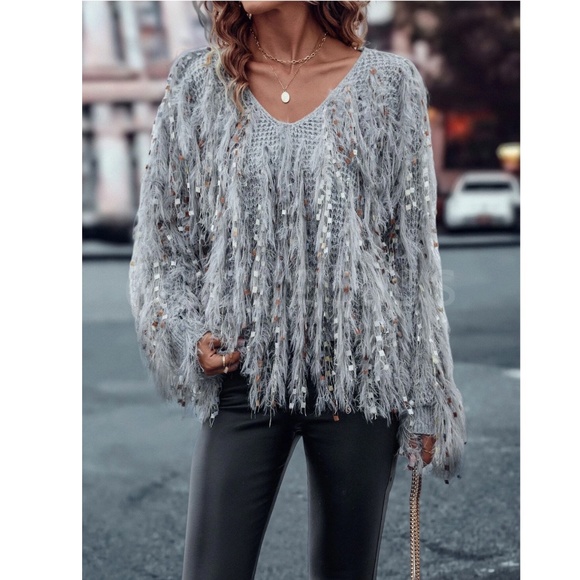 Fun Fuzzy Embellished Pullover Sweater V-Neck Grey - Picture 4 of 11